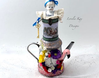 Alice In Wonderland Tea Tin Art Doll Box Miniature Assemblage Art Doll  Functional Art Doll Sculpture Tea Lover Gift Tea Party Decoration