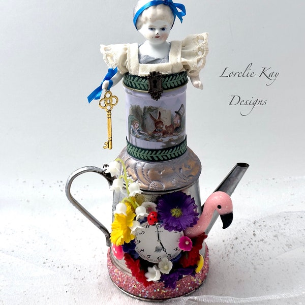 Alice In Wonderland Tea Tin Art Doll Box Miniature Assemblage Art Doll  Functional Art Doll Sculpture Tea Lover Gift Tea Party Decoration