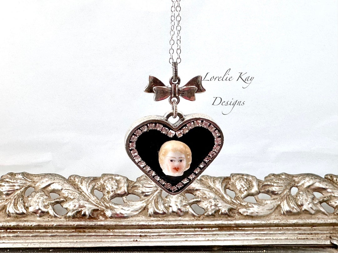 Frozen Charlotte Doll Head Necklace Silver Heart Sweet German Blonde