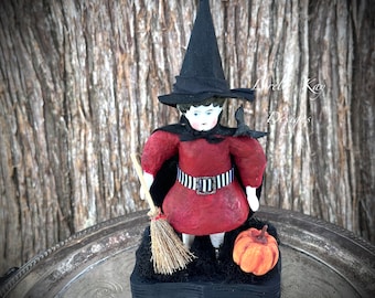 The Witch & The Raven Spun Cotton Art Doll Victorian Style Halloween Decoration One-of-a-kind Lorelie Kay Original