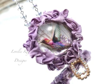 Humming Bird Garden Necklace Soldered Resin Dome Bubble Pendant OOAK Lorelie Kay Original