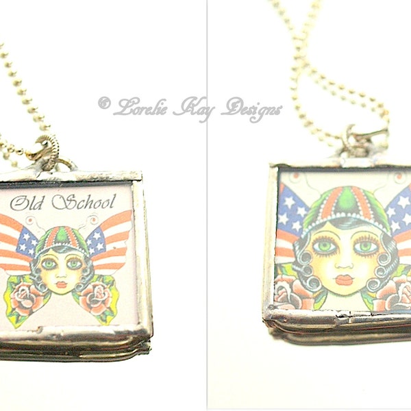 Two Sided Old School Tattoo Necklace Soldered Glass Pendant One-of-a-Kind Lorelie Kay Original
