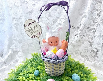 Kewpie Doll Easter Bunny In Basket Sweet  Easter Decoration Pastel Colors Heirloom Decor Lorelie Kay Original