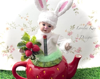 The Strawberry Patch Bunny Teapot Art Doll  Spun Cotton Mixed Media Assemblage  Art Functional Tea Pot OOAK Art Doll