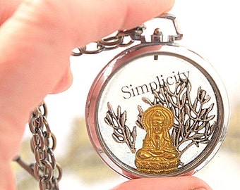 Simplicity Buddha Pocket Watch Necklace Lotus Cast Resin  Pendant