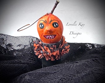 JOL Pumpkin  Peg Doll Ornament Wooden Sculpted One-Of-A-Kind Halloween Decoration  Lorelie Kay Original