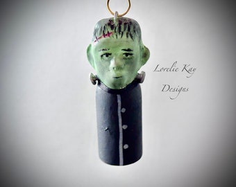 Frankenstein Peg Doll Ornament Wooden Sculpted One-Of-A-Kind Halloween Decoration  Lorelie Kay Original