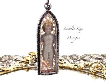 Large Antique Frozen Charlotte Doll Necklace Lorelie Kay Original Charlotte Amulet Dome Pendant