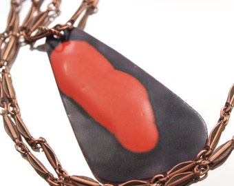 Red and Black Enamel Necklace Abstract Kiln Enameled One-of-a-Kind Handmade Pendant