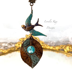 Swallow and Leaf Necklace Brass Aqua Crystal Pendant