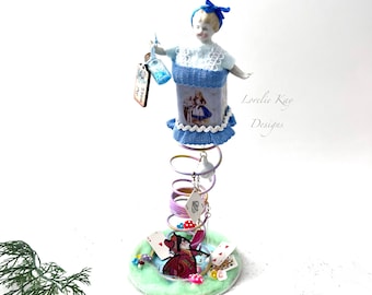 Alice in Wonderland Art Doll Sculpture Functional Tea Tin Tea Party Theme Found Object Sculpture  Lorelie Kay Original