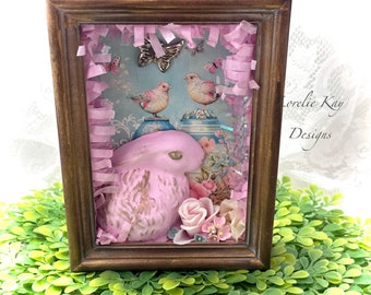 Spring Bunny Three Dimensional Shadowbox Pastel Easter Decor Original Mixed Media Collage Assemblage  Lorelie Kay Original