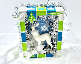Vintage White Reindeer Christmas Box Diorama Retro Christmas Shadowbox Lorelie Kay Original