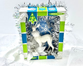 Vintage Witte Rendier Kerst Box Diorama Retro Kerst Shadowbox Lorelie Kay Original