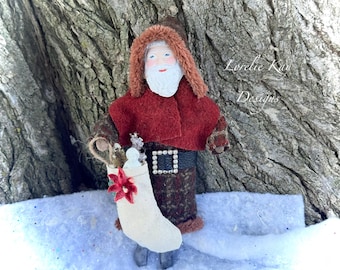 Woodland Santa Spun Cotton Ornament OOAK Large Belsnickle Santa Heirloom Ornament Art Doll Lorelie Kay Original