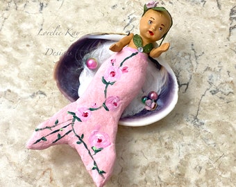 Rose Baby Mermaid Spun Cotton Mermaid Art Doll Hand Painted Shabby Pink Roses OOAK Miniature Mermaid Doll Lorelie Kay Original