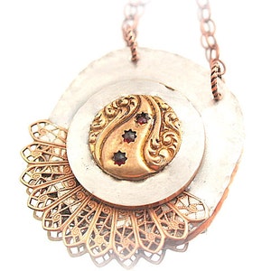 Antique Cuff Link Necklace Filigree Soldered Necklace Assemblage Necklace Two Tone Mixed Media Pendant