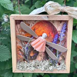 Dragonflies & Mushrooms Three Dimensional Collage Picture  Original Mixed Media  Frozen Charlotte Assemblage  Lorelie Kay Original