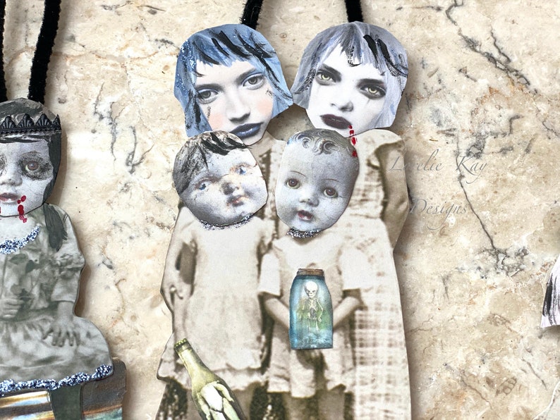 Set 3 Creepy Gothic Girl Halloween Ornaments Paper Doll Chenille Ornaments Girl Women Feather Tree Ornies Lorelie Kay Original Set 7