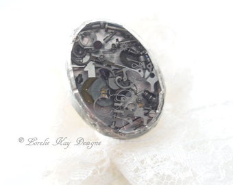 Steampunk Ring Soldered Resin Encased Watch Parts 3D Statement Ring Resin Lorelie Kay Original