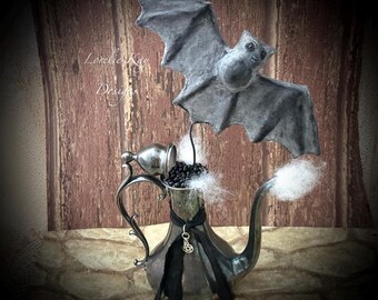 Bat Brew Teapot Spun Cotton  Black Bat Halloween Decoration Assemblage   Silver Plate Teapot One-of-a-kind