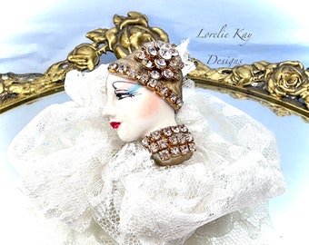 Glamour Girl Doll Head Ring Rhinestone Cocktail Statement Ring Lorelie Kay Original