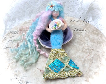 Sugary Sweet Miniature  Mermaid Art Doll Needle Felted Mermaid Art Doll Pink Mermaid Lorelie Kay Original