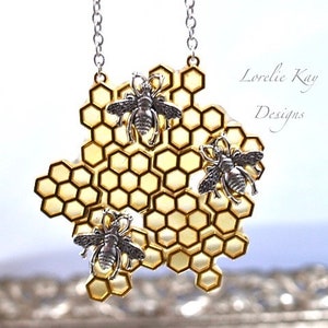 Large Honeycomb Bee Necklace Honey Resin Silver & Gold Pendant Lorelie Kay Original