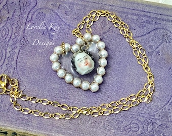 My Funny Valentine Heart Necklace Frozen Charlotte Doll Head Pendant Lorelie Kay Original