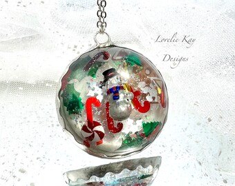 Snowman Kaleidoscope Christmas Necklace Resin Dome Cast Resin Soldered Santa Winter Theme Pendant Lorelie Kay Original