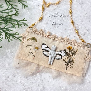 Frozen Charlotte Shabby Necklace Butterfly Boho Fiber Wearable Art Pendant Lorelie Kay Designs