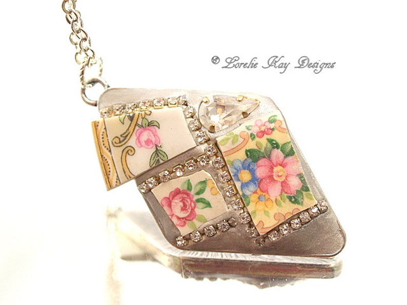 Rhinestone & Roses Necklace Broken China Mosaic Pendant Sweet - Etsy