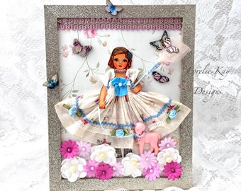 Catching Butterflies Girl Paper Doll Mixed Media Collage Picture Framed Assemblage Art Decor Lorelie Kay Original