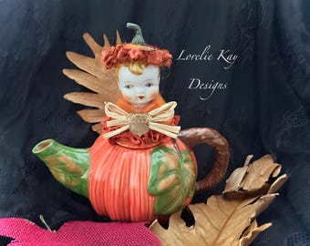 Lil Pumpkin Fall Harvest Teapot Art Doll Mixed Media Assemblage  Art Functional Tea Pot OOAK Art Doll