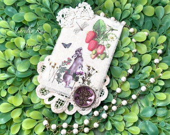The Strawberry Patch Bunny Necklace Nature Inspired Antique Button Boho Textile Art Pendant Lorelie Kay Designs