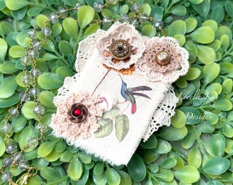Shabby Style Hummingbird Antique Button  Necklace Nature Inspired  Boho Textile Art Pendant Lorelie Kay Designs