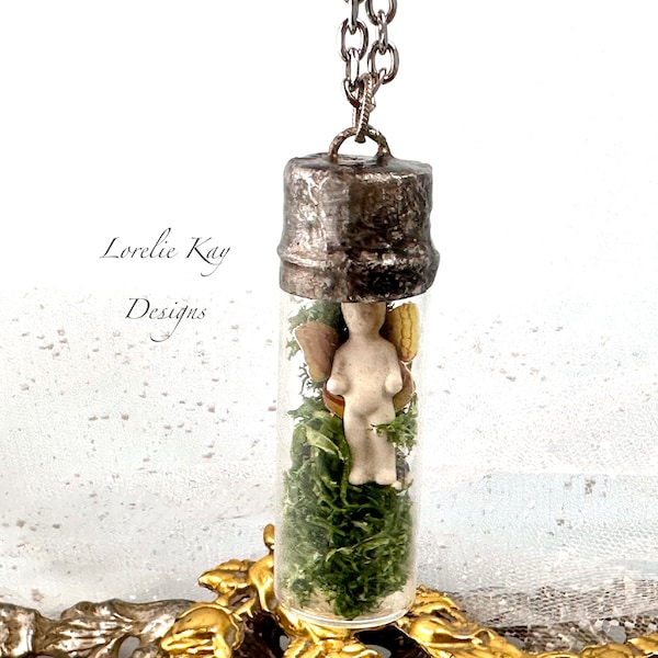 Capture Butterfly Frozen Charlotte Necklace Soldered Doll in Bottle Necklace Lorelie Kay Designs Original