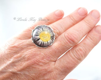 English Daisy Ring One 0f A Kind Resin Ring  Silver Plated Resin Lorelie Kay Original