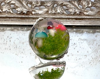 Colorful Mushroomsl Ring  Dome Resin Ring Silver Soldered Tiny Fly Agaric Mushrooms Forest Ring Lorelie Kay Original