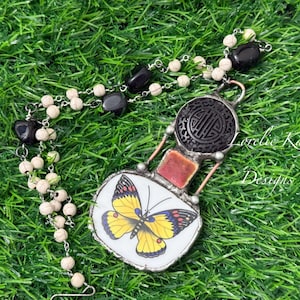 Broken China Yellow Butterfly Necklace Red & Black Beaded Chain Necklace  Lorelie Kay Original