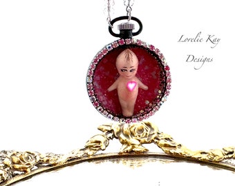 Minaiture Kewpie Doll Necklace Surgery Sweet Flowers & Velvet Pocket Watch Pendant  Lorelie Kay Original