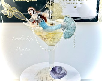 The Tipsy Mermaid's Martini BIG Martini Glass Resin Ocean With Needle Felted Mermaid Doll One-of-a-Kind Lorelie Kay Original