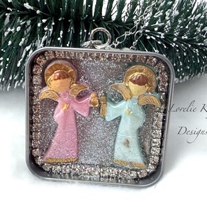 Retro Angels Two Sided Christmas Necklace Resin & Tin Retro Theme 
