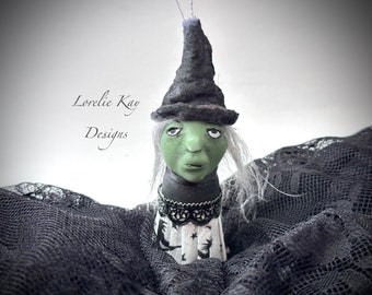 Little Green Witch  Peg Doll Ornament Wooden Sculpted One-Of-A-Kind Halloween Decoration  Lorelie Kay Original