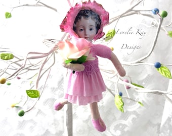Pink Rose Flower Fairy Ornament Original Spun Cotton Doll Figure Decoration Lorelie Kay Original