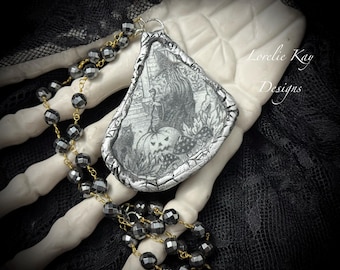 Witch & Ghost Broken China Necklace Black  White Halloween Lorelie Kay Original