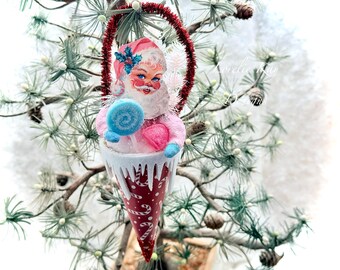 Pinkmas pun Cotton Santa Tussie Mussie Cone Ornament  Holiday Winter Decoration Lorelie Kay Original