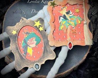 Set 2 Retro Art Deco Witch Ornaments Vintage Style Tally Card Girls Lorelie Kay Original set 3