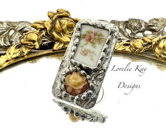Cameo & Roses Statement Ring Fine Silver Plated Lorelie Kay Designs Original