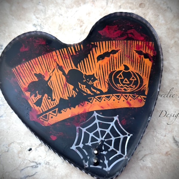 A Halloween Heart Trivet Coaster Baby Witch Halloween Coaster Resin Rhinestone Functional Art Lorelie Kay Original